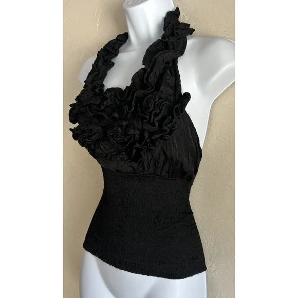 Vintage Y2K Poetry Ruffle Halter Smocked Tank Top L Black Grunge Gothic READ - Picture 2 of 11